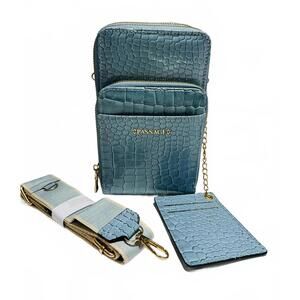 Passage Blue Croc-Embossed Faux Leather Crossbody Bag w Card Holder & Adj Strap